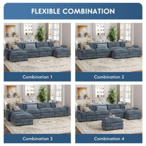 YESHOMY Sectional Modular Sofa U Shaped Chenille Fabric Couch with High Supportive & Soft Sponges and Removable Ottoman, Sleeper Comfy Upholstered Furniture for Living Room, Blue