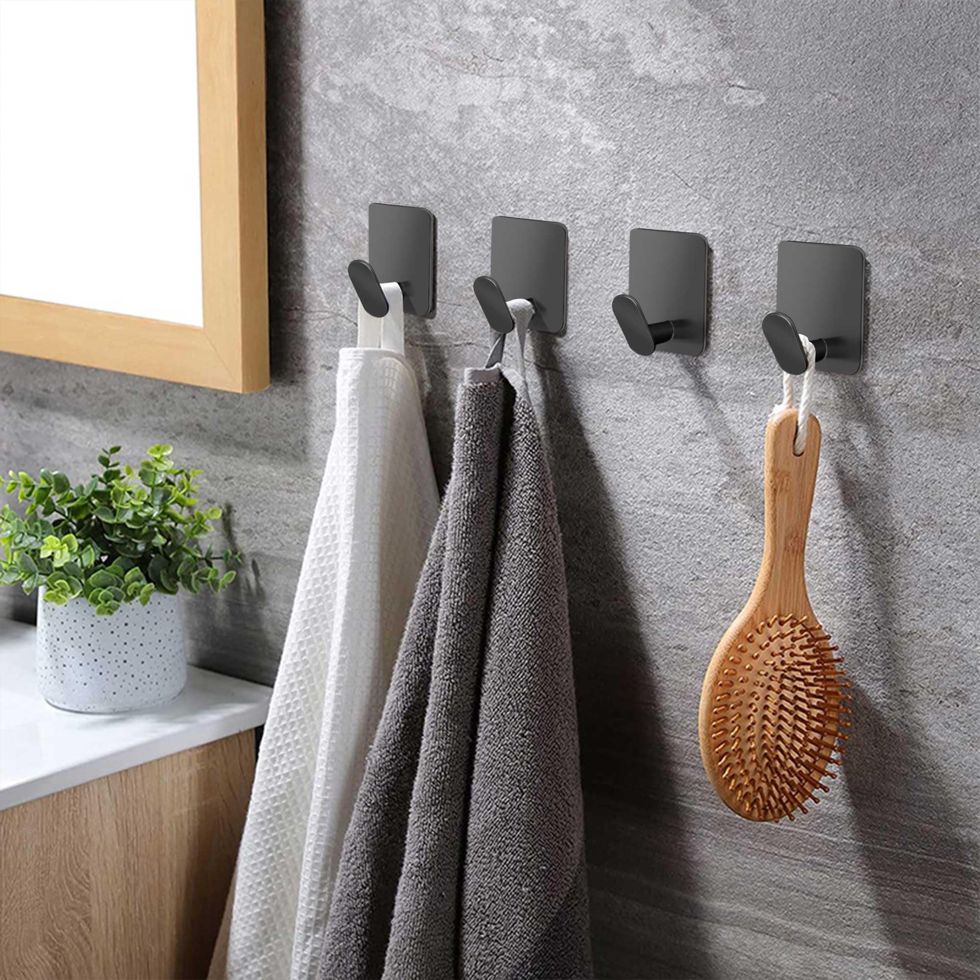 Hanpex Adhesive Hooks - 4 Pack Towel/Wall Hooks for Hanging Coat, Hat,Towel Robe, Heavy Duty Hooks Stick on Kitchen or Bathroom (Matte Black, Waterproof, Stainless Steel)