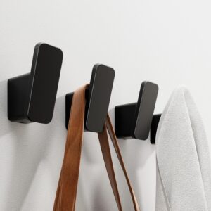 4-pack black towel hooks shower hooks for bathroom, robe hanger, wall hooks for hanging bag hat coat mudroom bedroom kitchen, adhesive with glue or mount with screws, matte black aluminum heavy duty