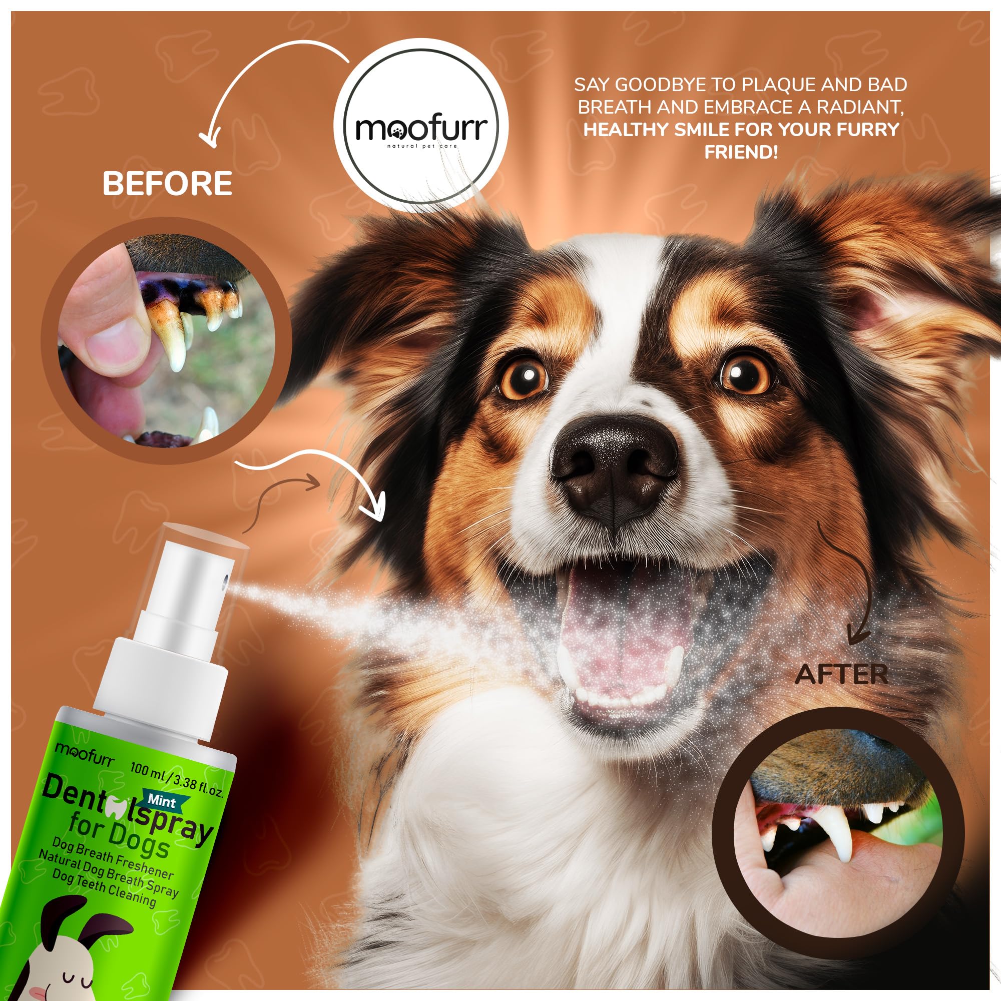 Moofurr Natural Fresh Breath Dental Spray 3.38 fl.oz - Dog Breath Spray I Mint Dog Breath Freshener I Dog Teeth Cleaning