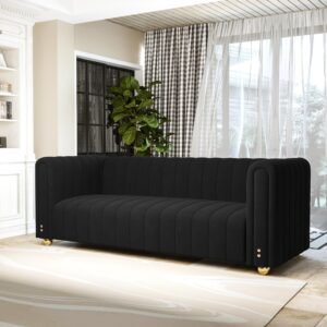 yunqishi 81.3" Modern Black Velvet Couch for Living Room, Upholstered Comfy 3 Seater Office Sofa with High Armrest and Gold Metal Legs (Black 81")