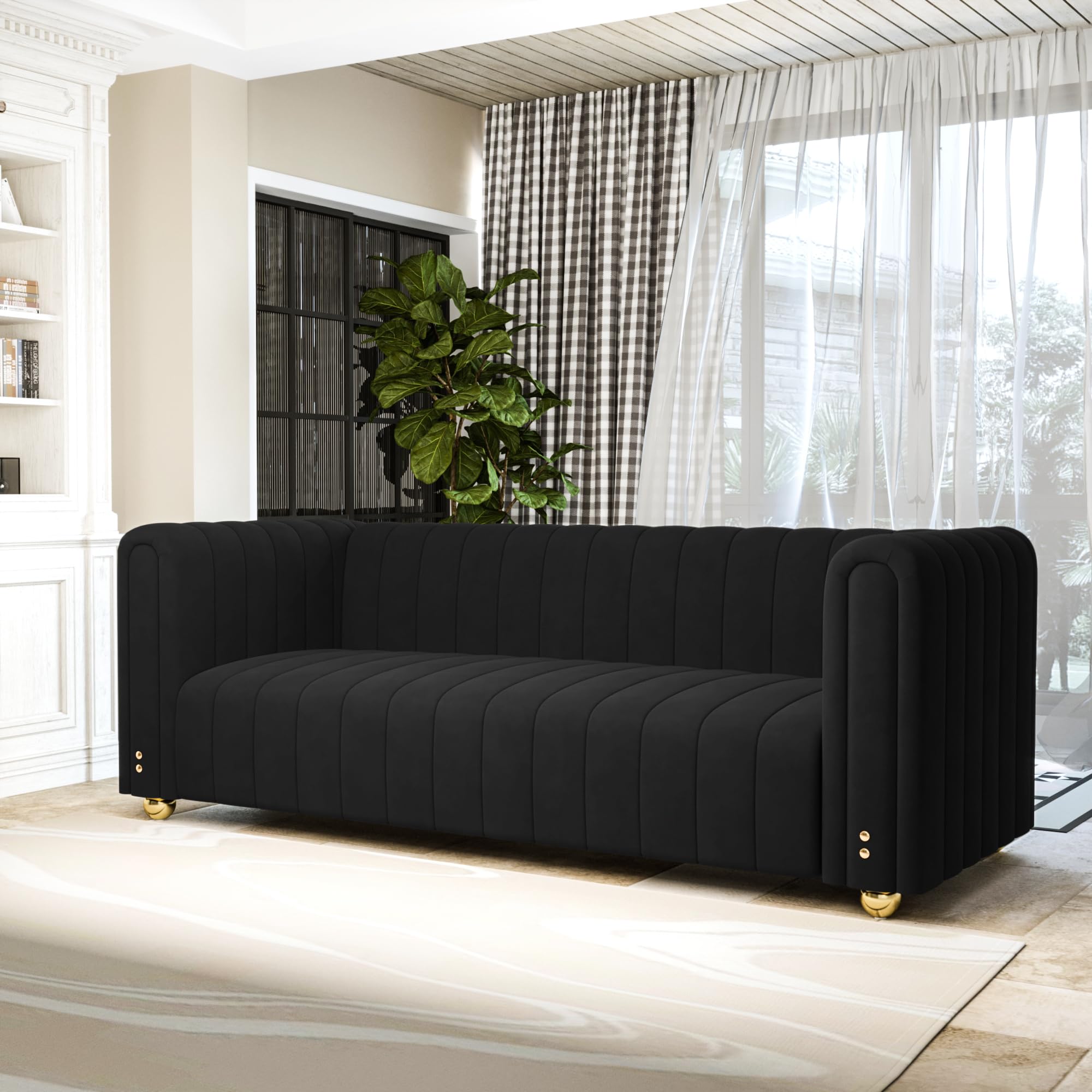 yunqishi 81.3" Modern Black Velvet Couch for Living Room, Upholstered Comfy 3 Seater Office Sofa with High Armrest and Gold Metal Legs (Black 81")