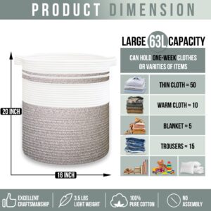 Large Laundry Hamper Basket, Clothes Hamper for Bedroom, Nursery, Living Room - Jute Woven Rope Basket with Handles, Collapsible laundry baskets for Toys, Pillows, Blankets-20x16in-63L Brown & White