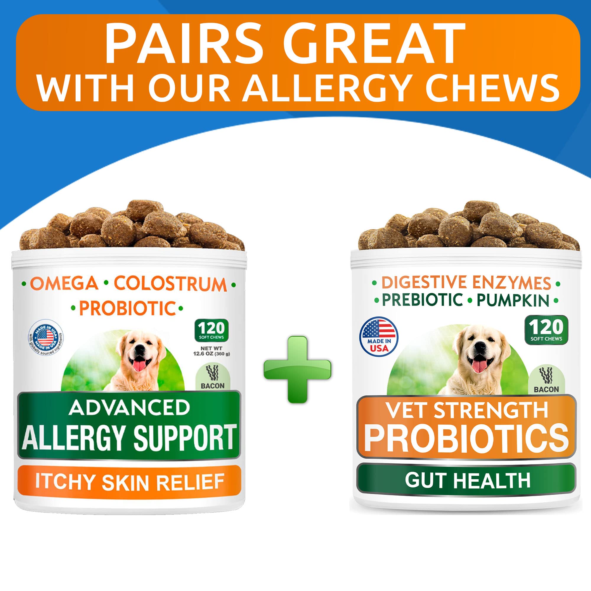 Allergy Relief Chews + Probiotics for Dogs - Digestive Enzymes for Allergies Itchy Skin w/Fish Oil Omega 3 - Dogs Digestive Health - Gas, Diarrhea,