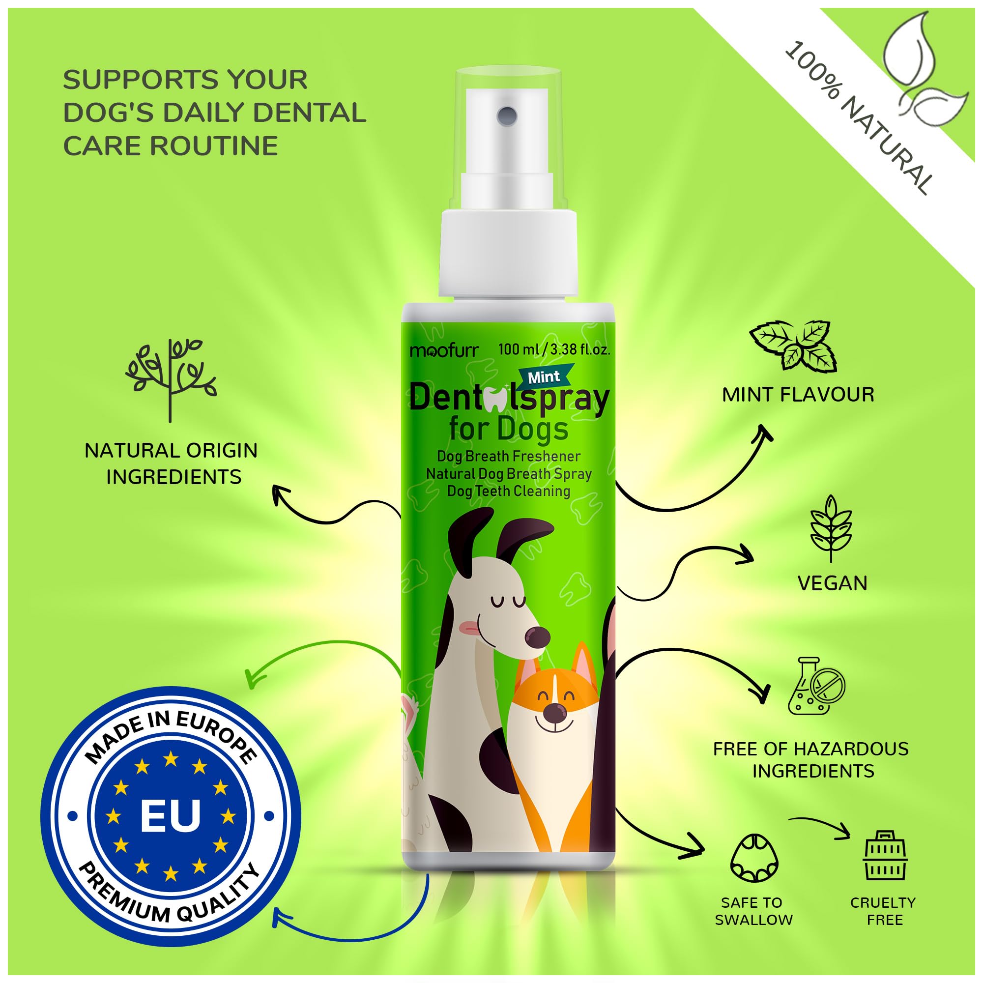 Moofurr Natural Fresh Breath Dental Spray 3.38 fl.oz - Dog Breath Spray I Mint Dog Breath Freshener I Dog Teeth Cleaning