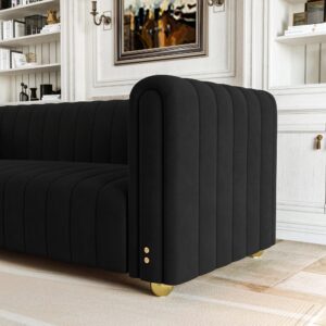 yunqishi 81.3" Modern Black Velvet Couch for Living Room, Upholstered Comfy 3 Seater Office Sofa with High Armrest and Gold Metal Legs (Black 81")