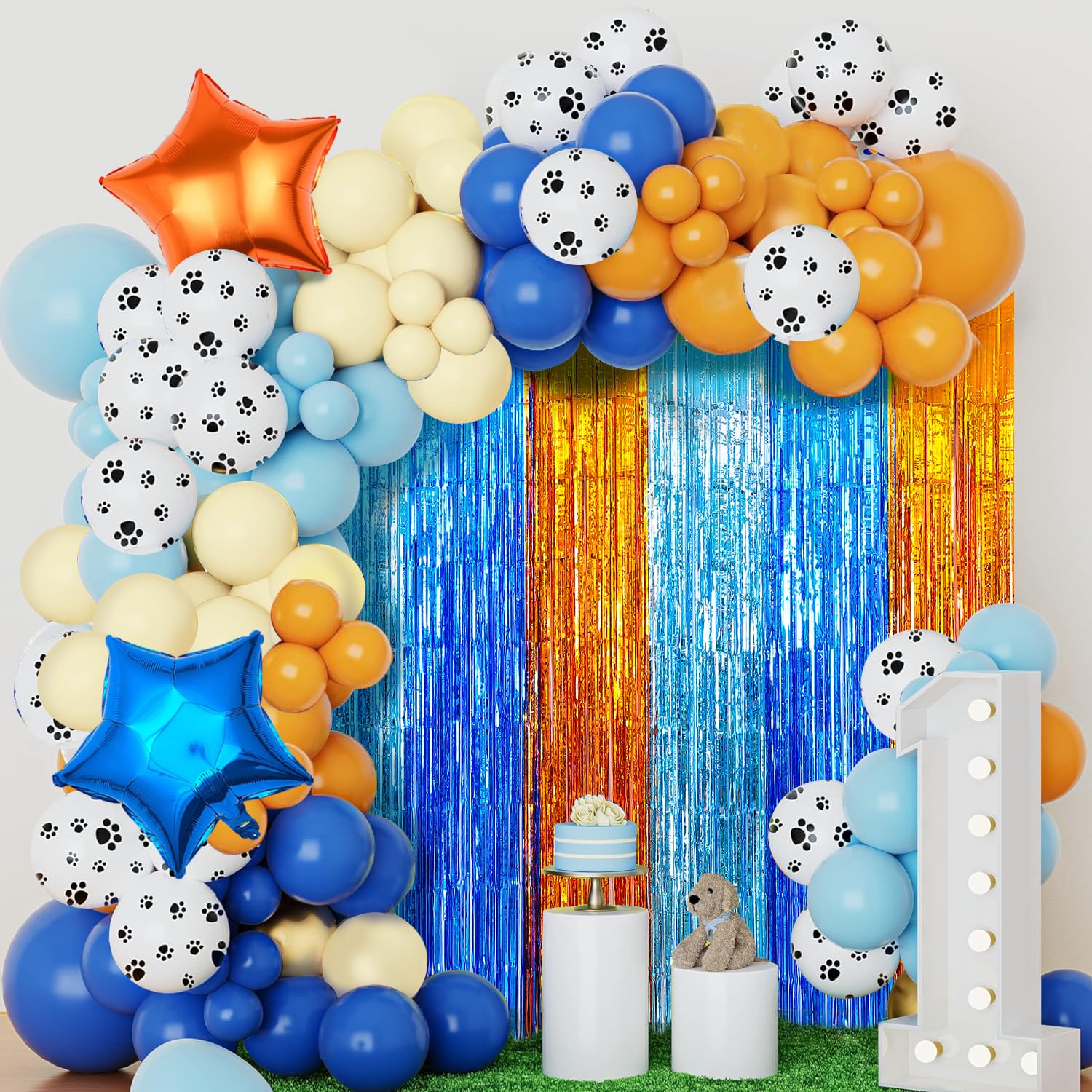 Blue Dog Birthday Party Supplies, Blue Dog Foil Fringe Curtains, 2 Packs Orange Blue & Light Blue Tinsel Metallic Streamers, Photo Booth Props Streamer Backdrop for Blue Dog Theme Party Decoration