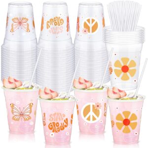 sliner 50 pcs groovy party plastic cups with straws 12 oz boho retro hippie disposable clear cups daisy flower cold beverage drinking cups for birthday wedding baby shower party decoration supplies