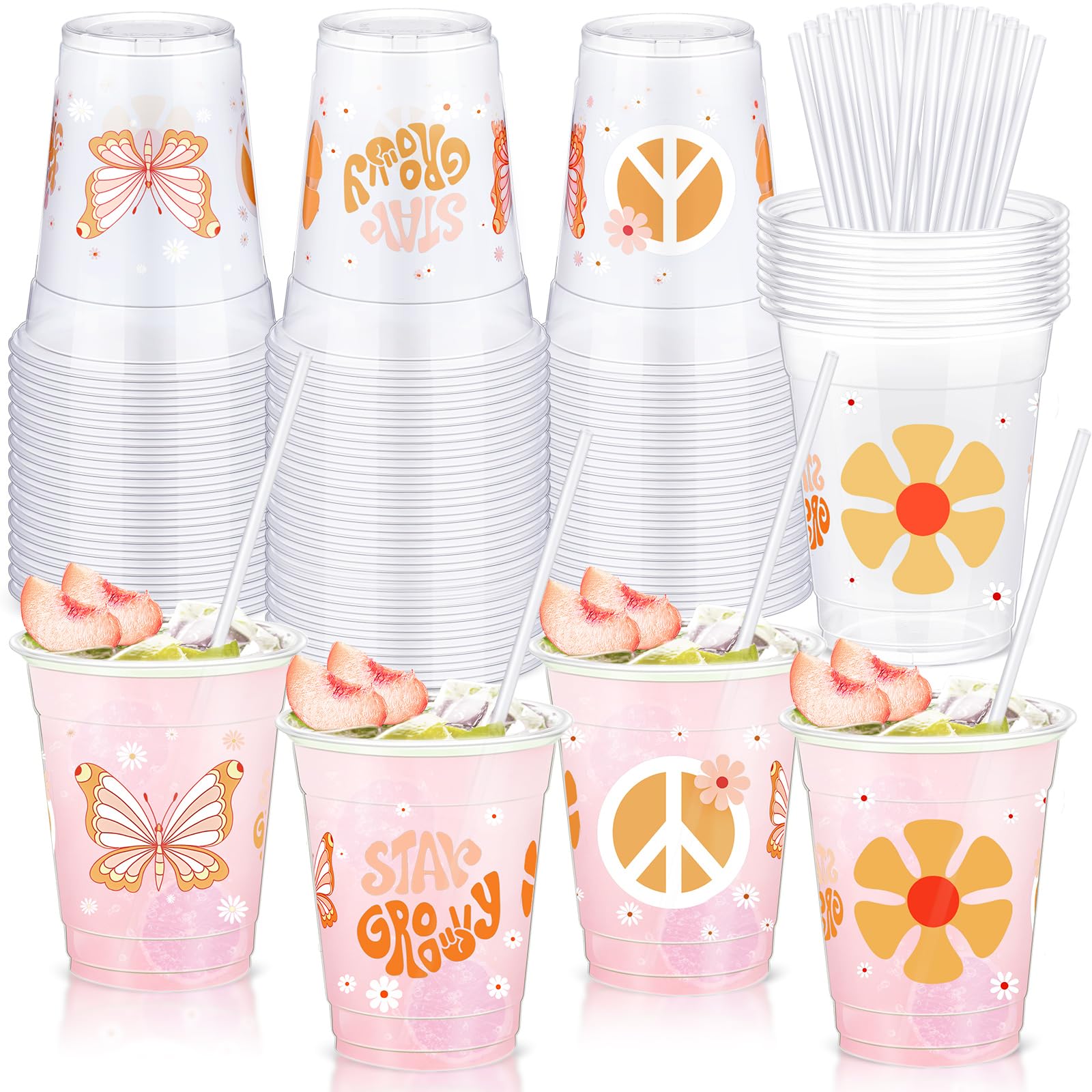 Sliner 50 Pcs Groovy Party Plastic Cups with Straws 12 oz Boho Retro Hippie Disposable Clear Cups Daisy Flower Cold Beverage Drinking Cups for Birthday Wedding Baby Shower Party Decoration Supplies