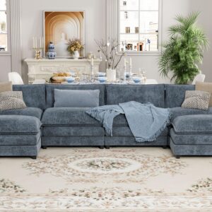 YESHOMY Sectional Modular Sofa U Shaped Chenille Fabric Couch with High Supportive & Soft Sponges and Removable Ottoman, Sleeper Comfy Upholstered Furniture for Living Room, Blue