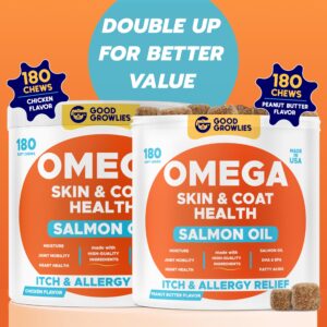 Omega 3 Alaskan Fish Oil Treats for Dogs - Peanut Butter + Chicken, Dry & Itchy Skin Relief + Allergy Support - Shiny Coats - EPA&DHA Fatty Acids - Natural Salmon Oil Chews Promotes Heart, Brain, Hip