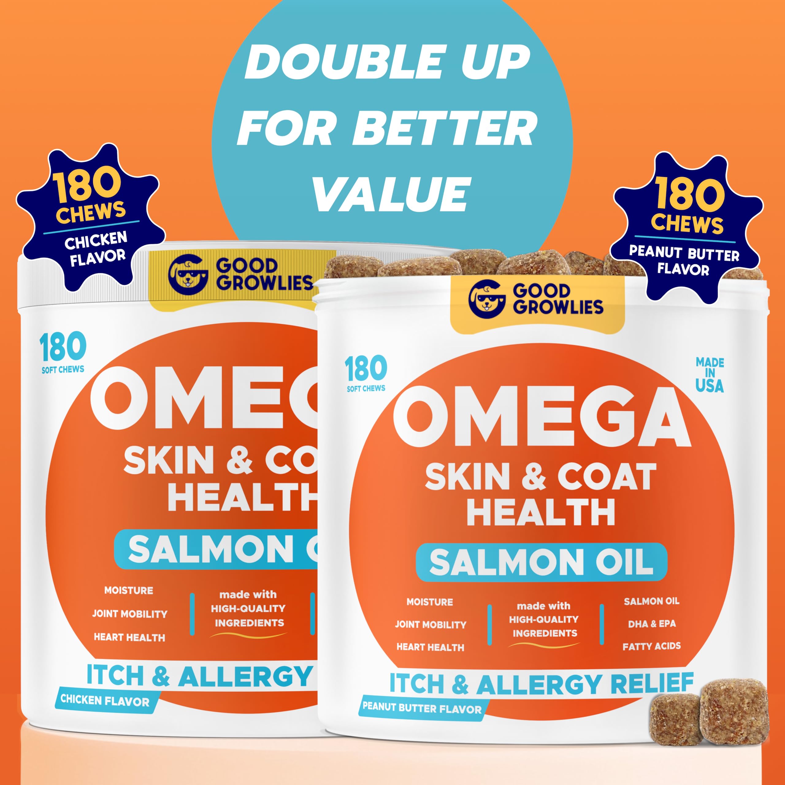 Omega 3 Alaskan Fish Oil Treats for Dogs - Peanut Butter + Chicken, Dry & Itchy Skin Relief + Allergy Support - Shiny Coats - EPA&DHA Fatty Acids - Natural Salmon Oil Chews Promotes Heart, Brain, Hip