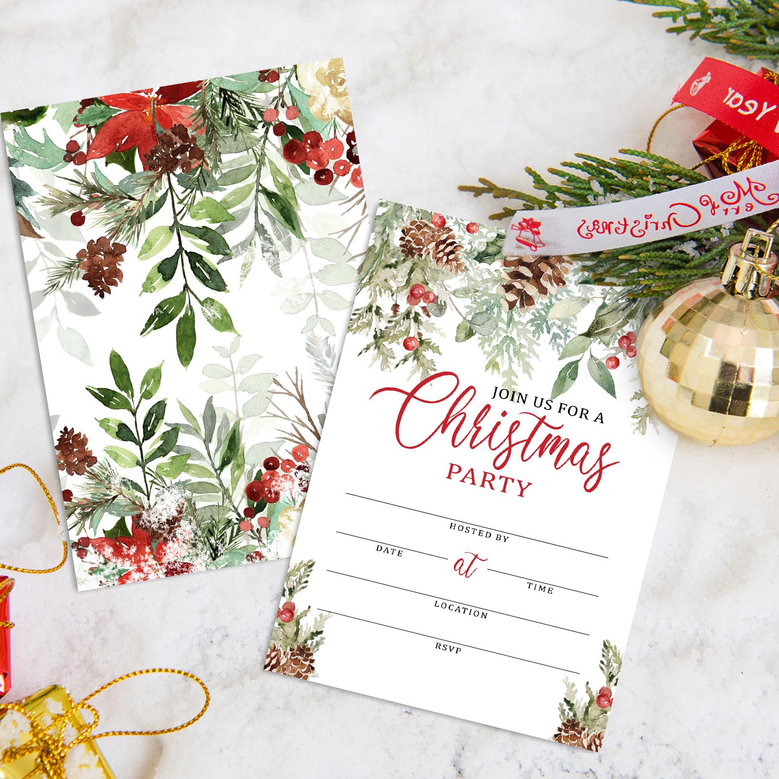 JarThenaAMCS 25 Pack Christmas Party Invitations Watercolor Pine Cone Green Leaves Invitaion Paper Cards with Envelopes Sticker Xmas Invites for Bridal Shower Baby Shower Rehearsal Dinner Party