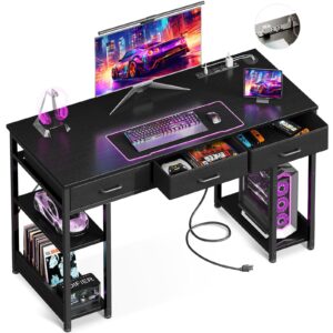 aodk 48 inch gaming desk with fabric drawers & power outlets, computer desk with storage shelves & cpu stand, gamer table, writing study desk with type-c & usb, small desk for bedroom, black