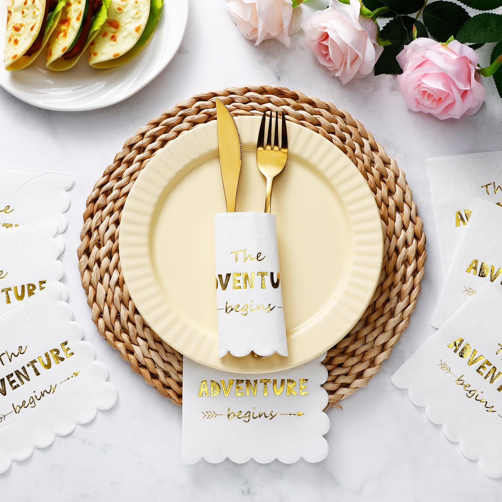 Sayglossy 100 Pcs Baby Shower Napkins the Adventure Begins White Scalloped Gold Foil Paper Napkins for Baby Shower Decorations Disposable Cocktail Napkins for Wedding Graduation Party, 5 x 5 In