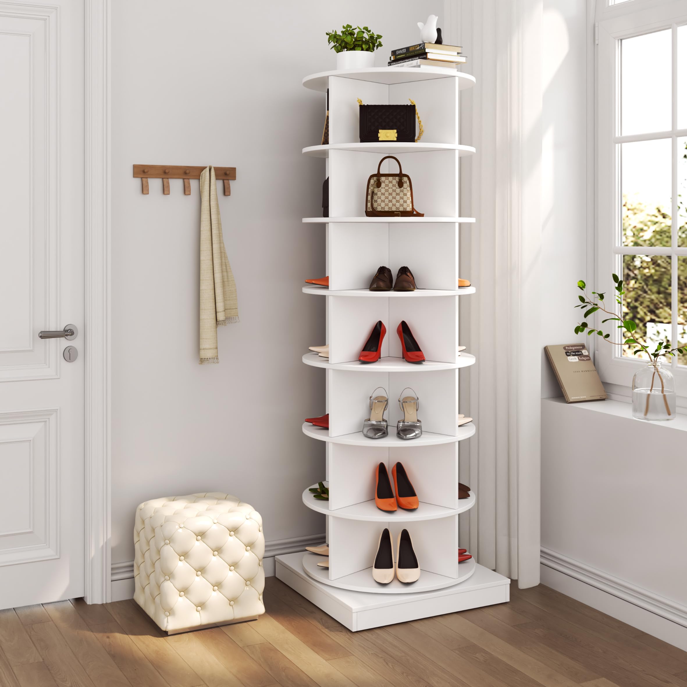 Dithoko Rotating Shoe Rack, 7-Tiers Storage Shoe Rack Tower, Free Standing 360°Shoe Storage Organizer Shoe Rack for Entryway Living Room Hallway (White, 7-Tiers)