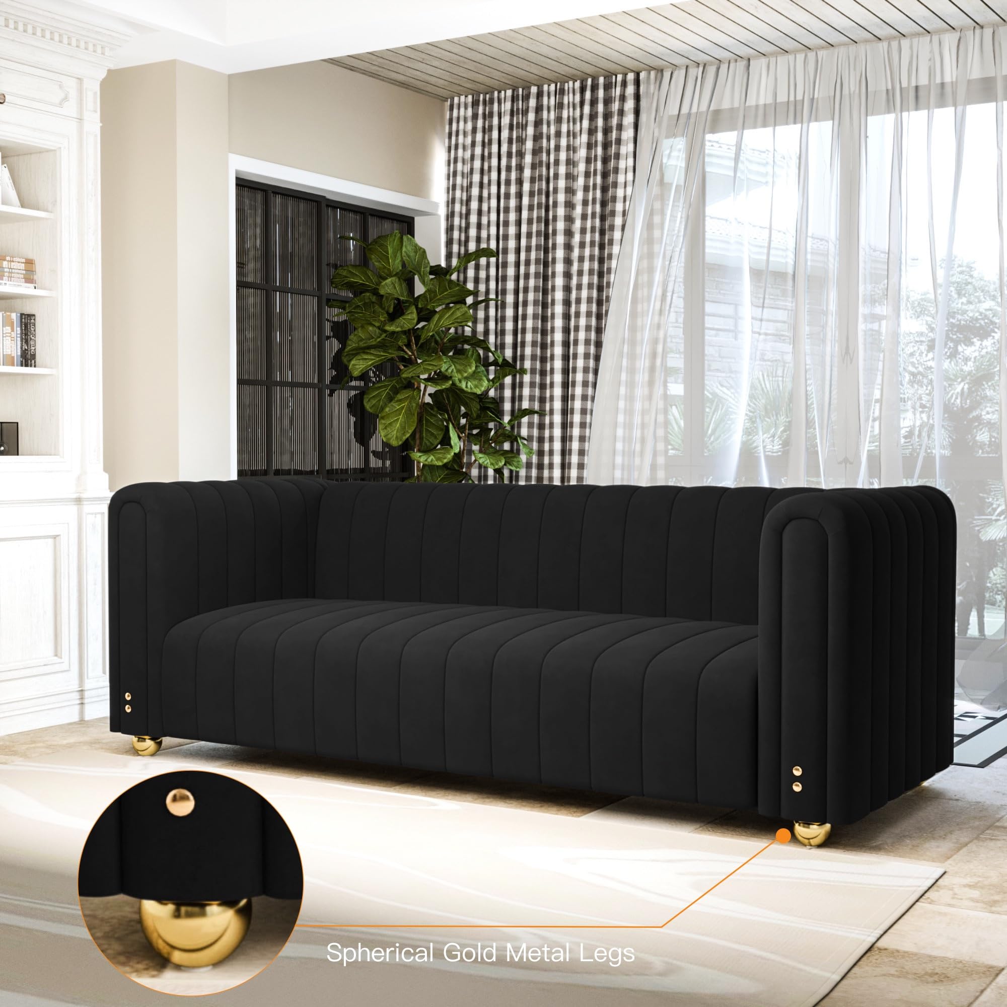 yunqishi 81.3" Modern Black Velvet Couch for Living Room, Upholstered Comfy 3 Seater Office Sofa with High Armrest and Gold Metal Legs (Black 81")