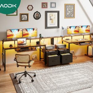 AODK 63-Inch Computer Desk with Power Outlet & LED Light, Reversible Office Desk with File Cabinet and Drawer, Gaming Desk with Keyboard Tray, Study Table with Full Monitor Riser and PC Stand, Vintage