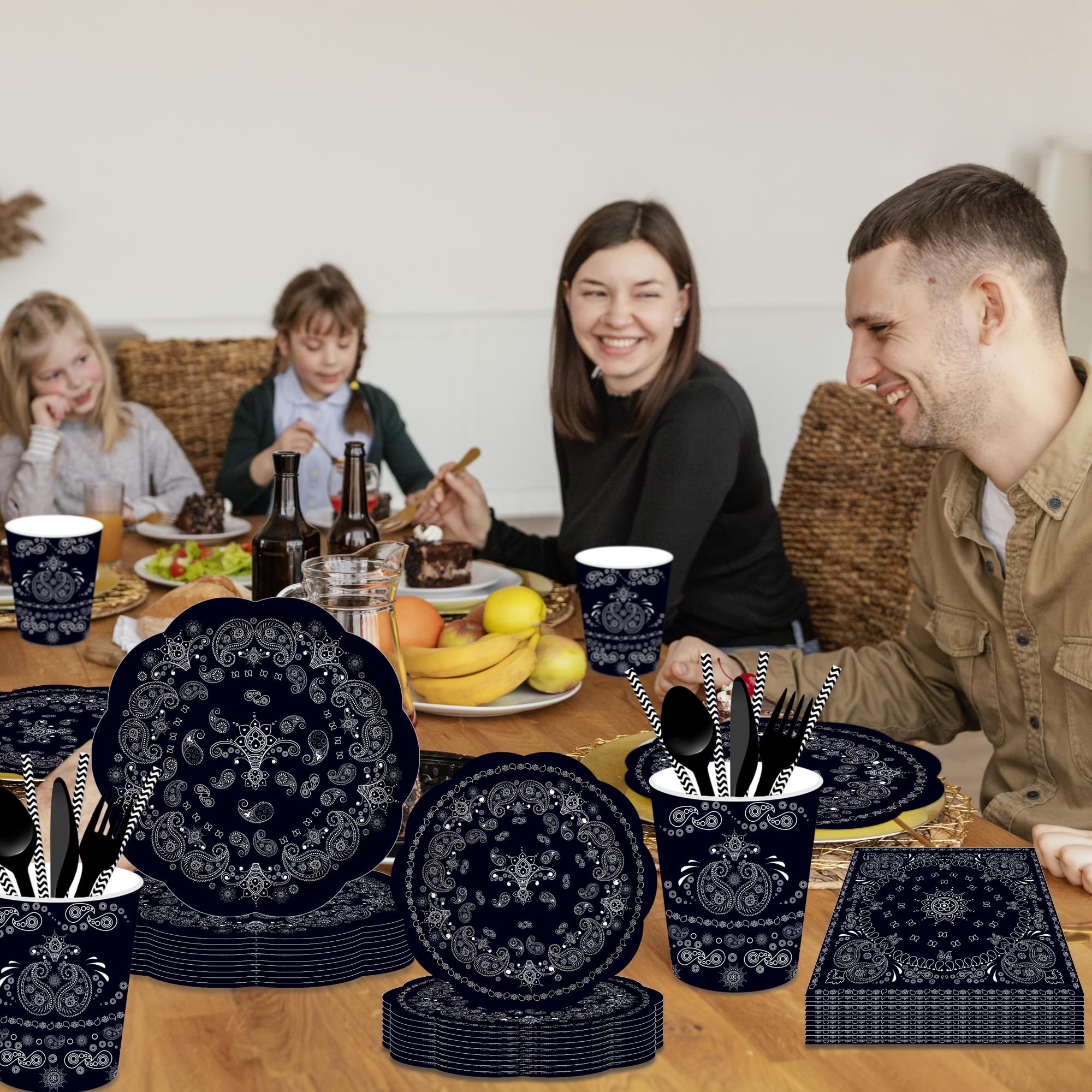 CC HOME Black Bandana Party Supplies Serves 16, Paisley Print Party Plates Napkins Cups Knives Forks Spoons Party Decoration Set for Western Cowboy Birthday Baby Shower Bridal Garden Party Tableware