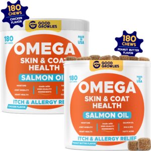 omega 3 alaskan fish oil treats for dogs - peanut butter + chicken, dry & itchy skin relief + allergy support - shiny coats - epa&dha fatty acids - natural salmon oil chews promotes heart, brain, hip