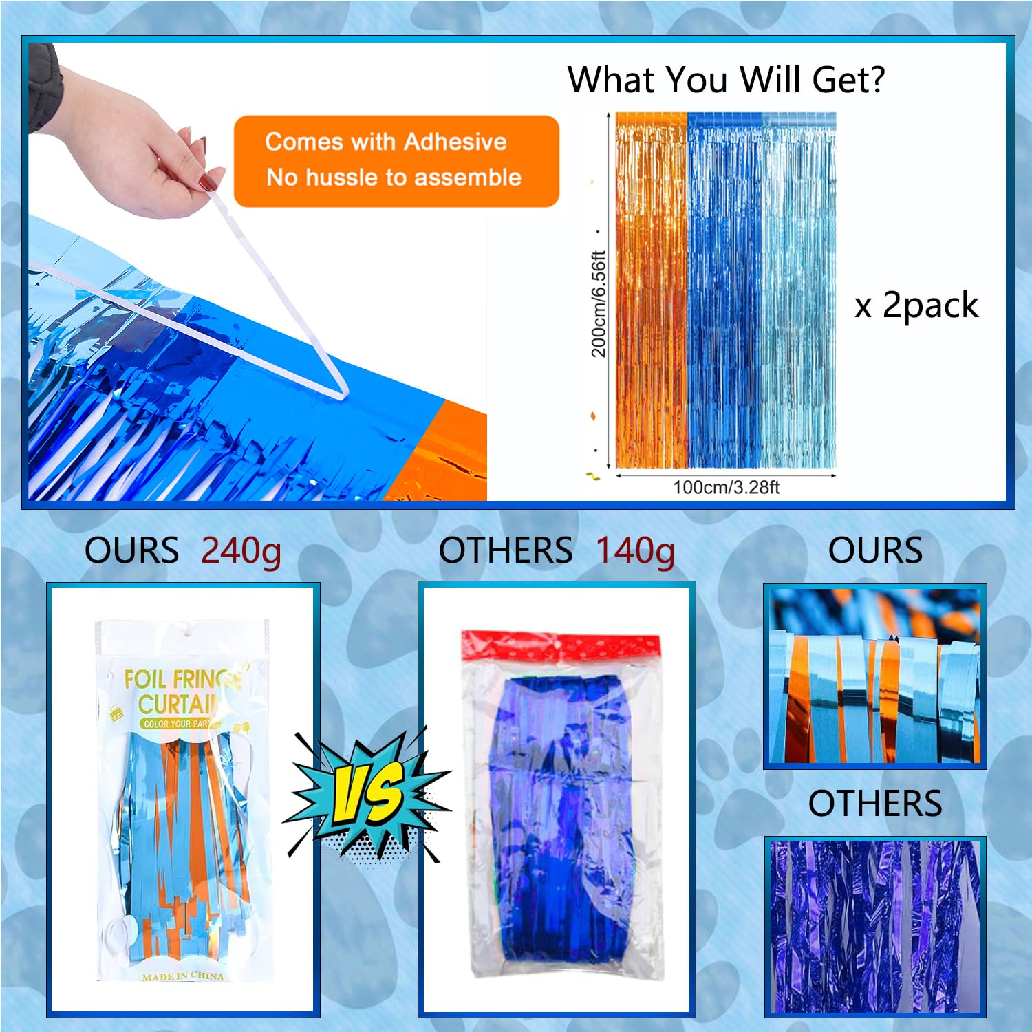 Blue Dog Birthday Party Supplies, Blue Dog Foil Fringe Curtains, 2 Packs Orange Blue & Light Blue Tinsel Metallic Streamers, Photo Booth Props Streamer Backdrop for Blue Dog Theme Party Decoration