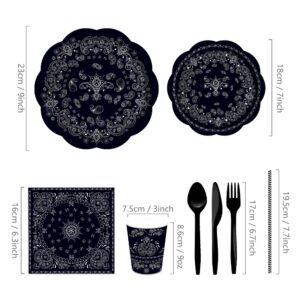 CC HOME Black Bandana Party Supplies Serves 16, Paisley Print Party Plates Napkins Cups Knives Forks Spoons Party Decoration Set for Western Cowboy Birthday Baby Shower Bridal Garden Party Tableware