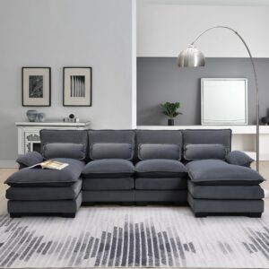 Tmsan 109.8" Sectional Sofa Cloud Couch for Living Room, Modern U Shaped Modular Sofa with Double Chaise Lounge, Large 4 Seater Chenille Sleeper Sofa for Apartment Office (Grey)