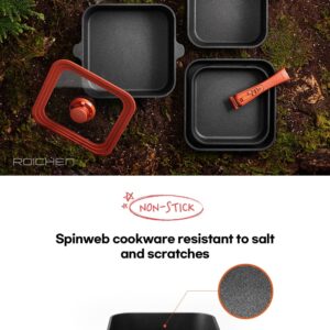 Roichen Spinweb Pan Set 5pcs, 22cm Frying pan + 22cm Deep pan + 26cm Frying pan + Multisize glass lid + Detachable handle. Cooking pan, Saute pan, Nonstick pan, Square pan, Baking pan