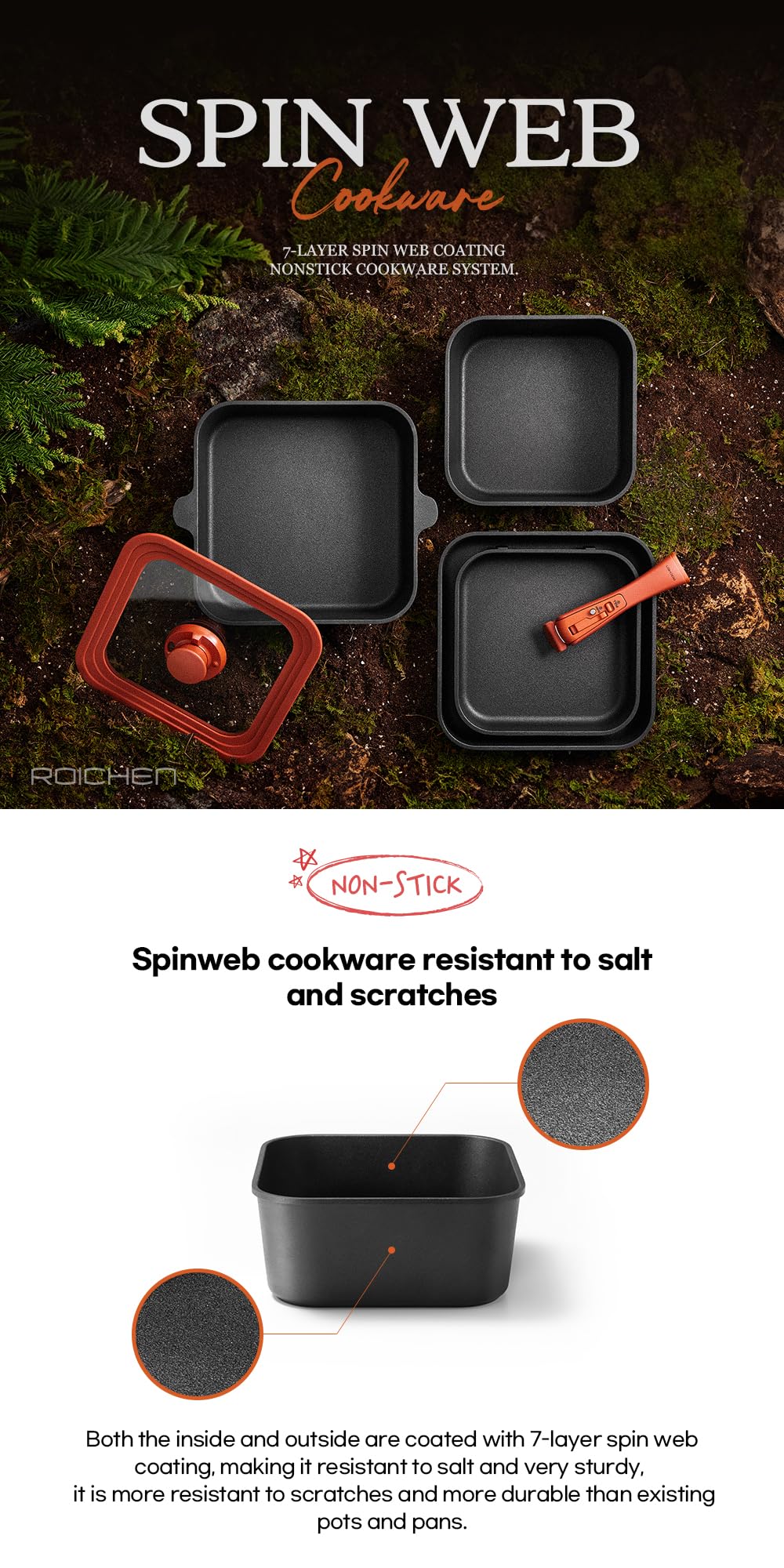 Roichen Spinweb Pan Set 5pcs, 22cm Frying pan + 22cm Deep pan + 26cm Frying pan + Multisize glass lid + Detachable handle. Cooking pan, Saute pan, Nonstick pan, Square pan, Baking pan