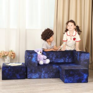 MOMCAYWEX 3pcs Kids Play Couch for Toddler, 3-in-1 Kids Couch Fold Out, Imaginative Kids Couch Play Set, Dark Blue Universe