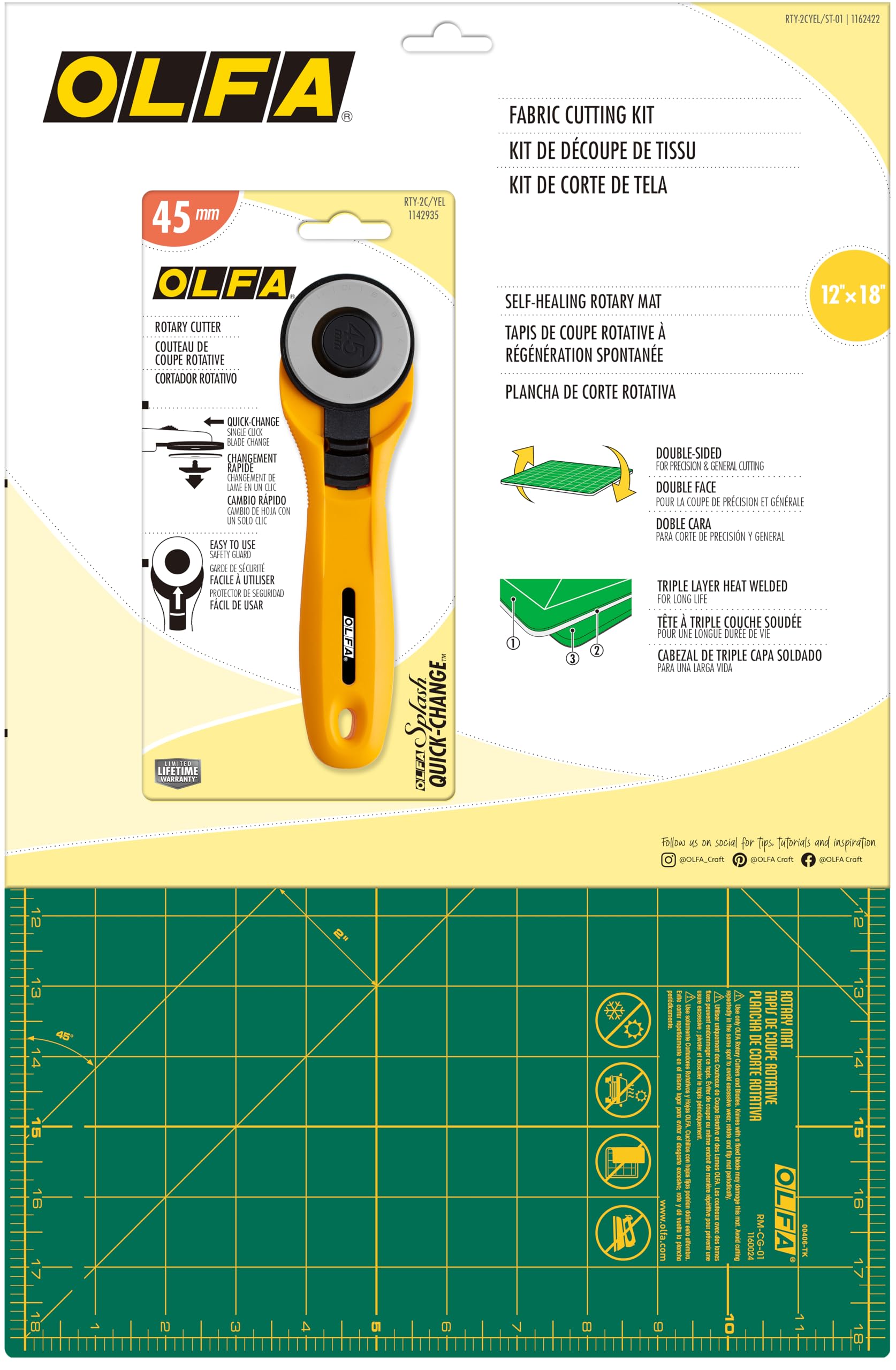 OLFA Fabric Cutting Kit (RTY-2CYEL/ST-01) - 12" x 18" Self Healing Rotary Cutting Mat (ST-01) and 45mm Yellow Quick-Change Rotary Cutter (RTY-2/CYEL)