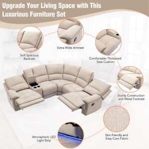 P PURLOVE Reclining Sofa for Living Room, Modern Manual Reclining Furniture Set with USB Ports, Hidden Storage, LED Light Strip and 2 Cup Holders, L-Shaped Velvet Couch for Apartment, Bedroom (Cream)