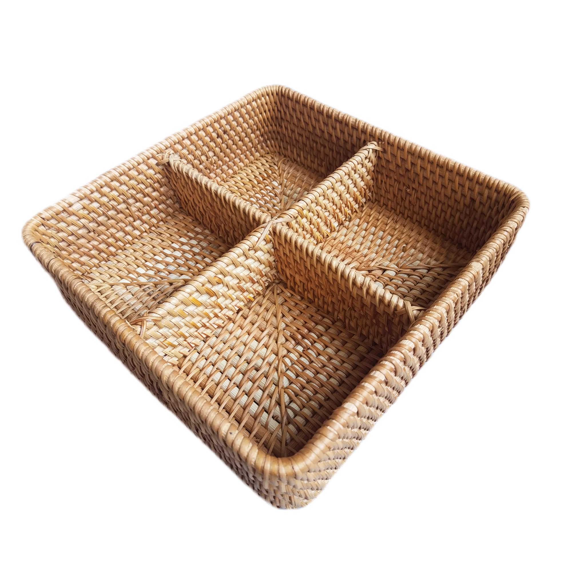 i-lan 4-compartment Squre Woven Natural Wicker Storage Basket Box without Lid, 4 Divided Rattan Basket Organizer for Countertops,Shelf,Snacks,Candy,Nuts and Other Accessories.