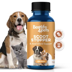 scoot stopper and anal gland support for dogs and cats - 100% natural relief for dog and cat constipation, rectal prolapse, itching, inflammation, bum scooting and difficult pooping - 400 small pills