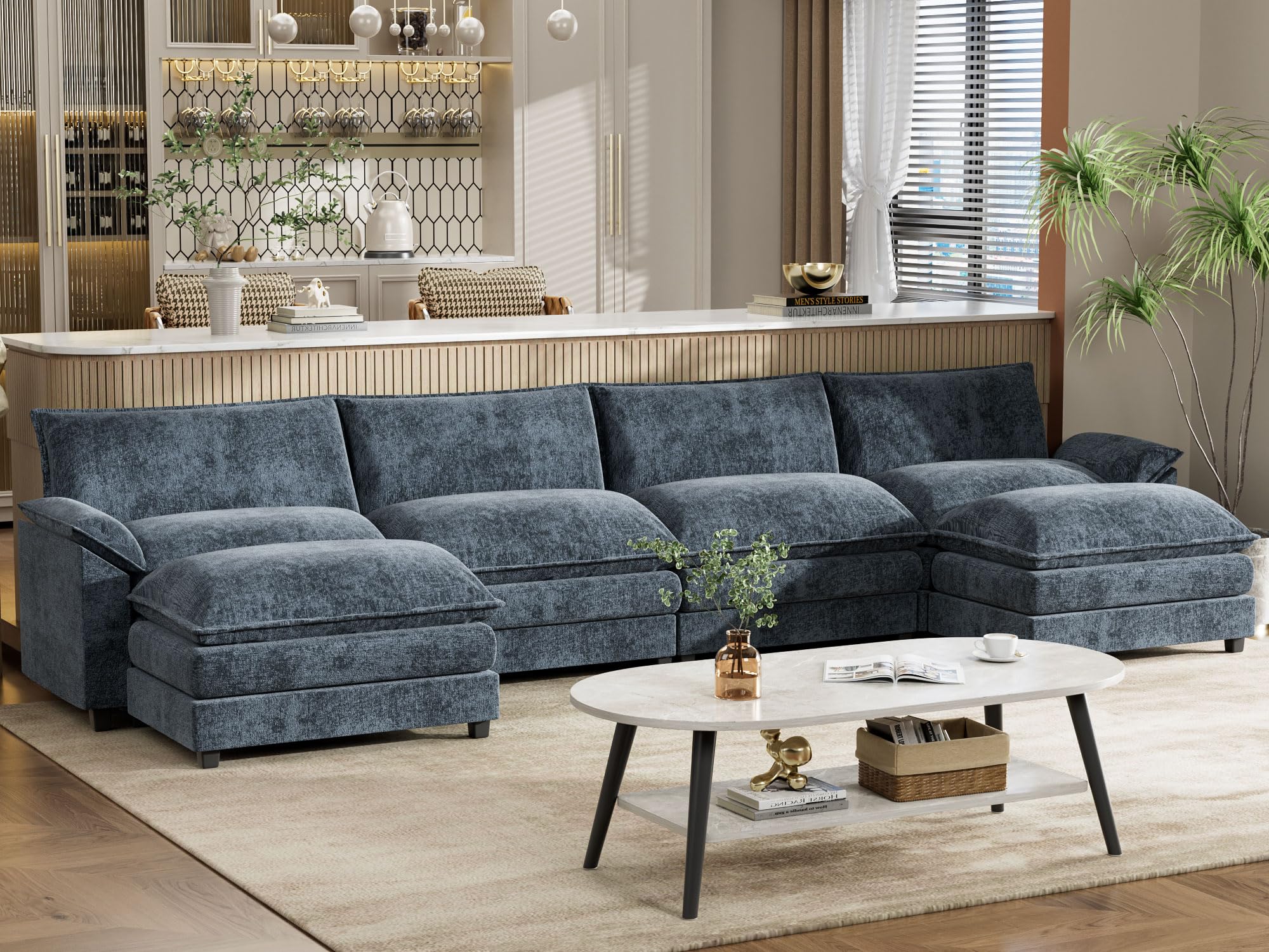 YESHOMY Sectional Modular Sofa U Shaped Chenille Fabric Couch with High Supportive & Soft Sponges and Removable Ottoman, Sleeper Comfy Upholstered Furniture for Living Room, Blue