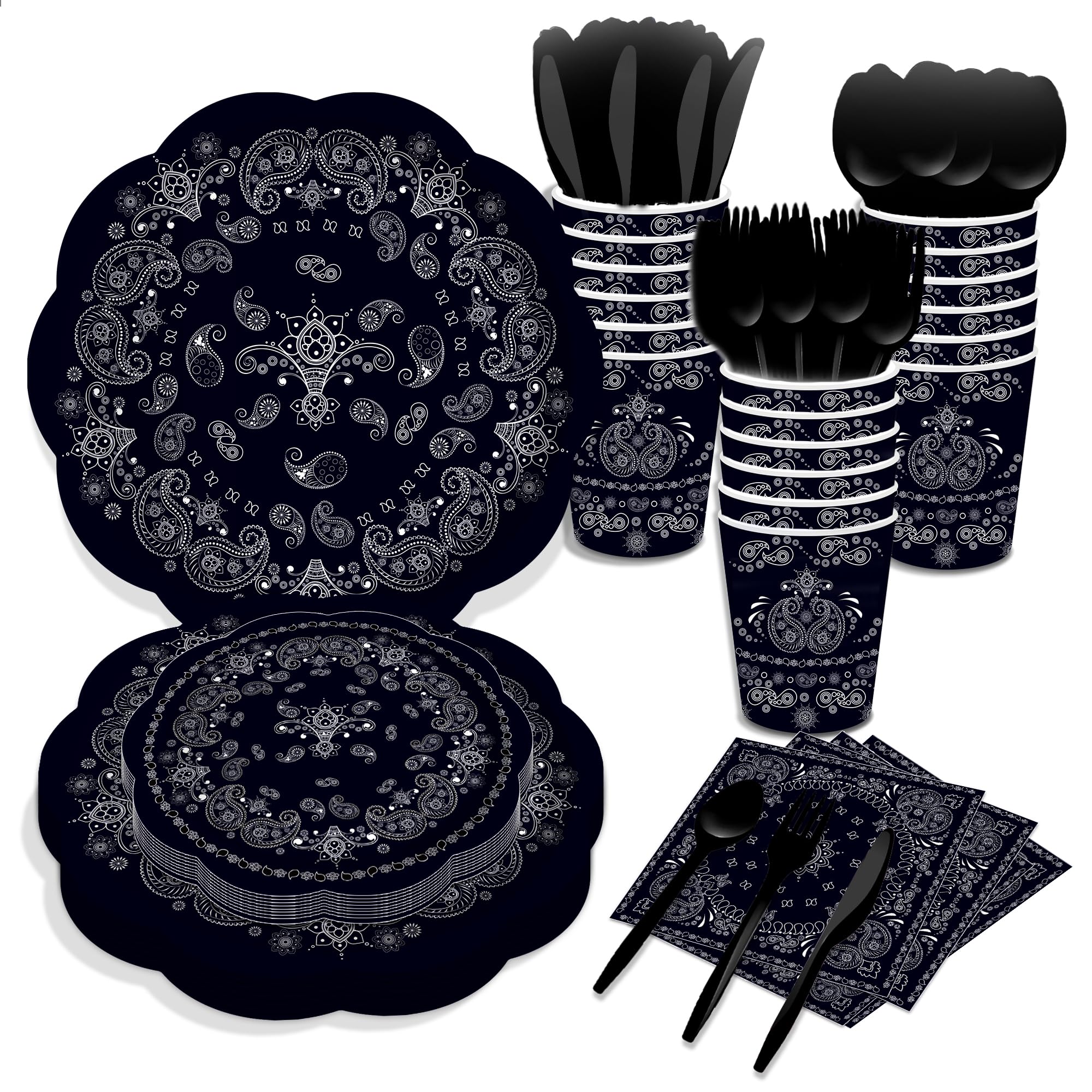 CC HOME Black Bandana Party Supplies Serves 16, Paisley Print Party Plates Napkins Cups Knives Forks Spoons Party Decoration Set for Western Cowboy Birthday Baby Shower Bridal Garden Party Tableware