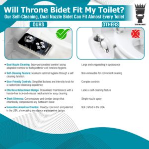 Throne Bidet Attachment for Toilet – USA Patented - Non-Electric Self Cleaning Water Sprayer Toilet Bidet Double Nozzle (Frontal & Rear Wash) Bidet Toilet Seat Attachment, Easy Install (Black)