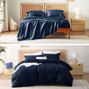 bedsure bundle of polyester and rayon derived from bamboo blend duvet cover set and sheet set of rayon derived from bamboo, queen size