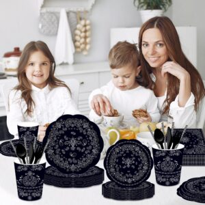 CC HOME Black Bandana Party Supplies Serves 16, Paisley Print Party Plates Napkins Cups Knives Forks Spoons Party Decoration Set for Western Cowboy Birthday Baby Shower Bridal Garden Party Tableware