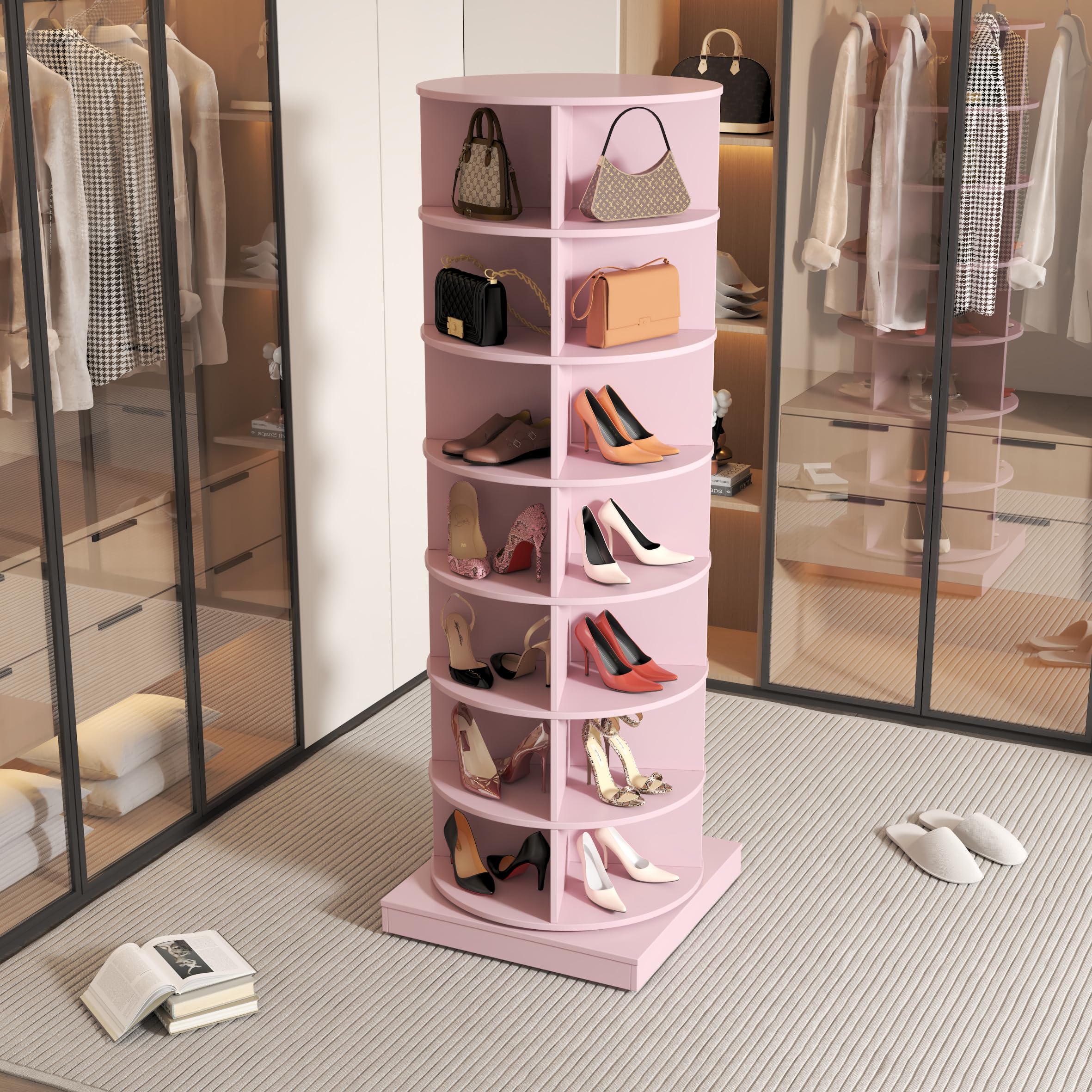 Dithoko Rotating Shoe Rack, 7-Tiers Storage Shoe Rack Tower, Free Standing 360°Shoe Storage Organizer Shoe Rack for Entryway Living Room Hallway (Pink, 7-Tiers)