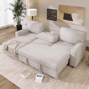 merax 89" l-shaped sleeper sofa bed with pull out bed & reversible chaise, sleeper sofa couch with storage space, usb port, and 2 cup holders on back cushions for living room furniture set, beige