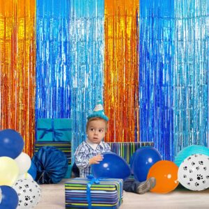 Blue Dog Birthday Party Supplies, Blue Dog Foil Fringe Curtains, 2 Packs Orange Blue & Light Blue Tinsel Metallic Streamers, Photo Booth Props Streamer Backdrop for Blue Dog Theme Party Decoration