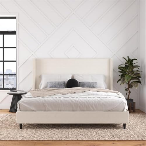 DHP Eveline Upholstered Platform Bed Frame - King in Textured Ivory Canvas