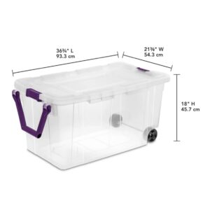 40 Gallon, 160 Qt. Wheeled Storage Box Plastic, Sweet Plum, Set of 2 (Clear Base/Purple Latches)