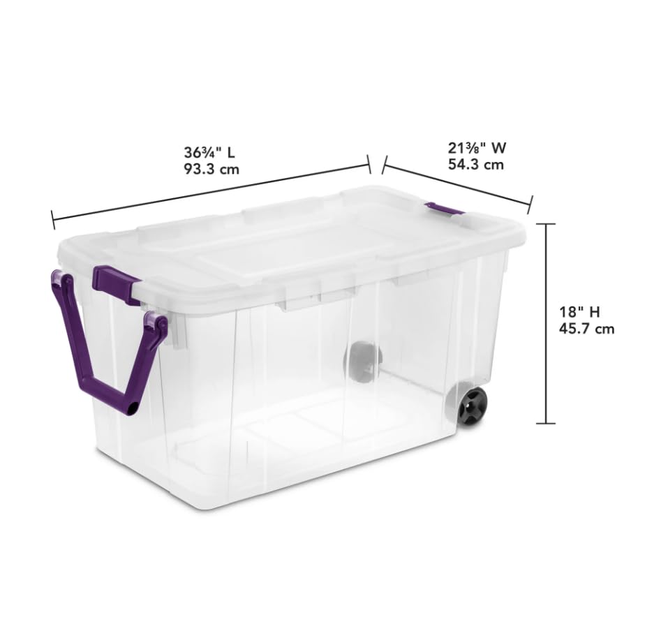 40 Gallon, 160 Qt. Wheeled Storage Box Plastic, Sweet Plum, Set of 2 (Clear Base/Purple Latches)