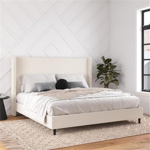 DHP Eveline Upholstered Platform Bed Frame - King in Textured Ivory Canvas