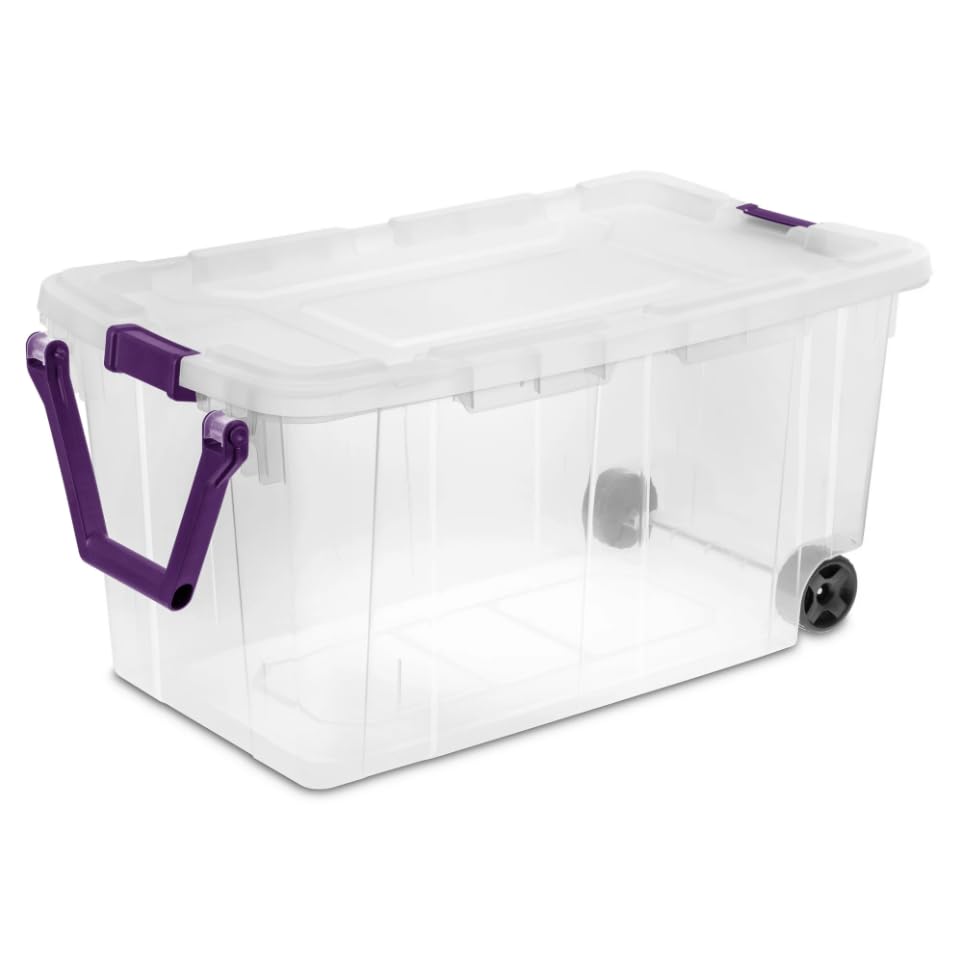 40 Gallon, 160 Qt. Wheeled Storage Box Plastic, Sweet Plum, Set of 2 (Clear Base/Purple Latches)