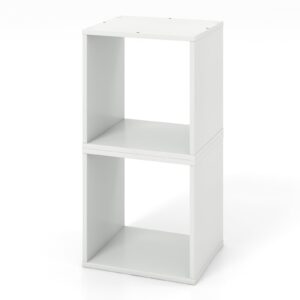 Giantex 2 Cube Bookshelf Organizer, 2-Tier Stackable Cube Storage Organizer, Small Wooden Open Book Shelf with Anti-toppling Device, Wood Floor Standing Display Shelving Bookcase, White