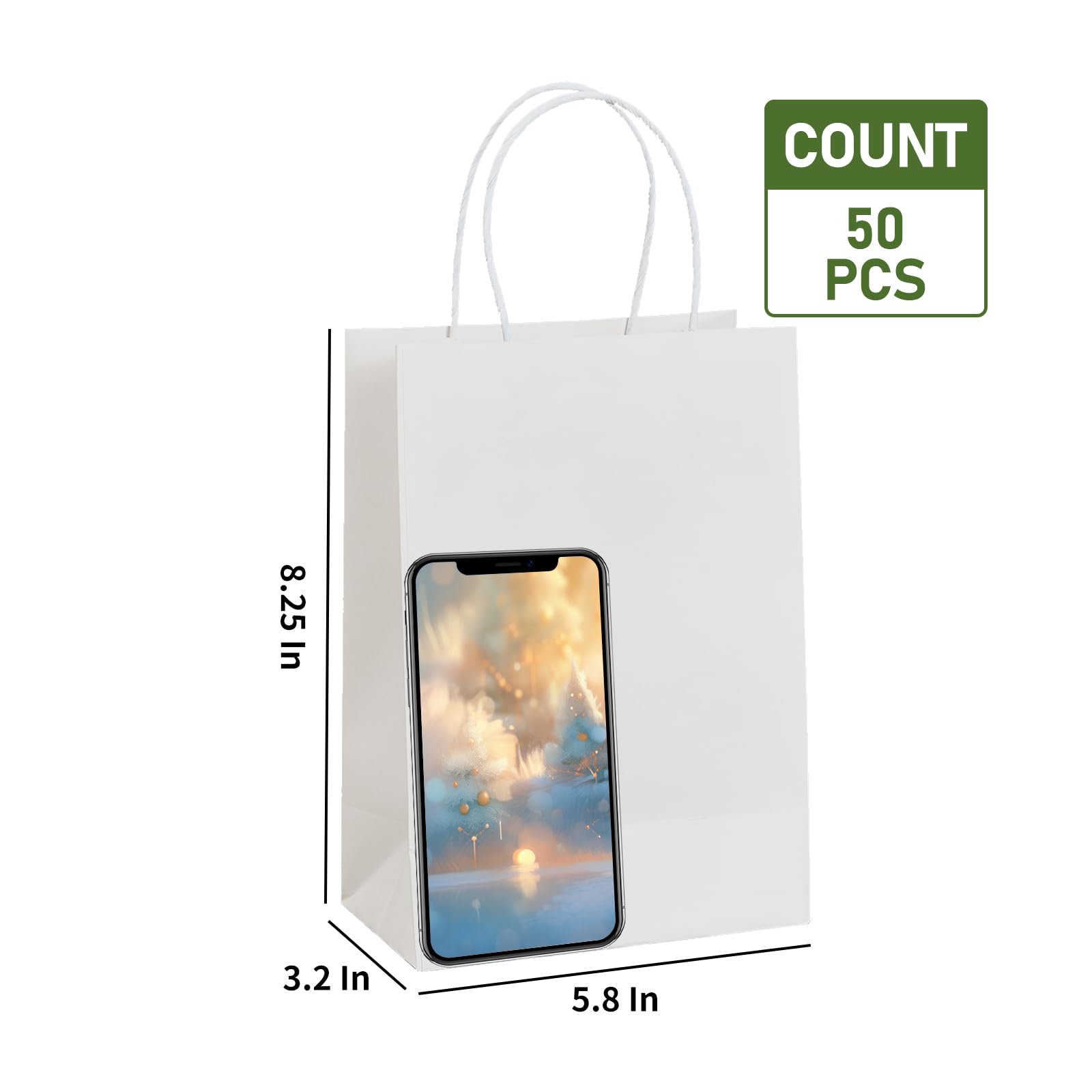 METAPRINT 50 Pack Small Gift Bags 5.8x3.2x8.25 Inch White Paper Bags with Handles Bulk, Kraft Paper Bags for Party favor, Retail, Grocery Sacks