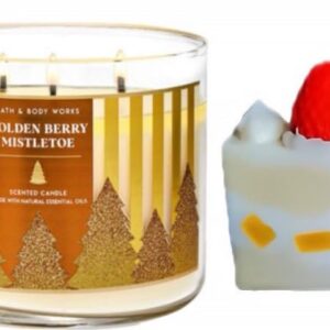 Bath & Body Works- 3-Wick Scented Candle 14.5 OZ Burns 25-45 Hours and Strawberry Cake soap (Golden Berry Mistletoe)